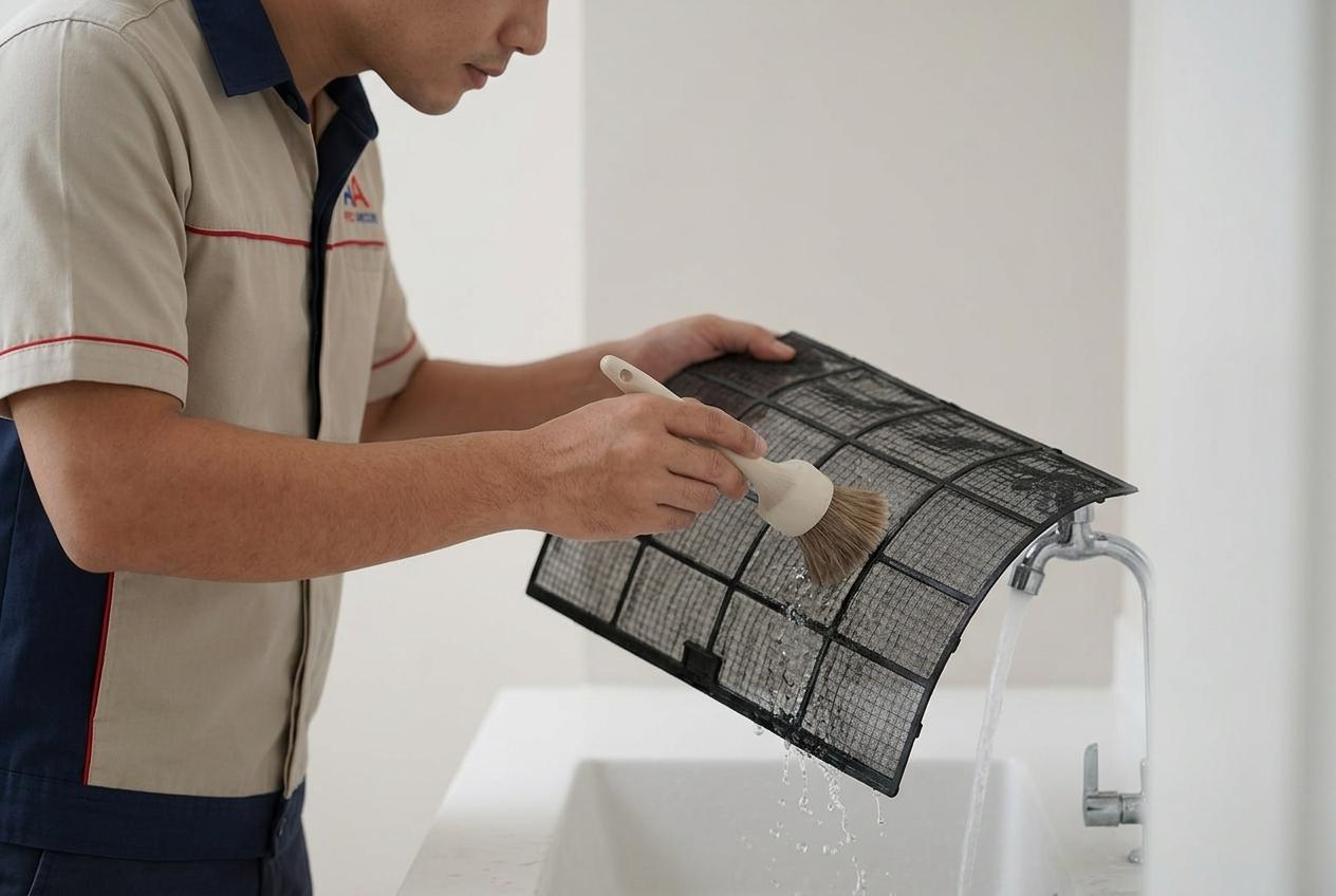 Routine aircond servicing technician cleaning coil